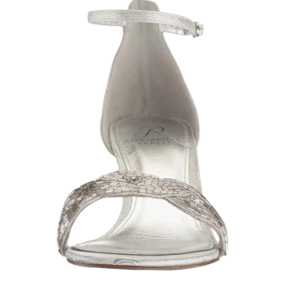 New! Adrianna Papell Aerin Silver Kitten Heel Open Toe Beaded ShoeWm's 6.5